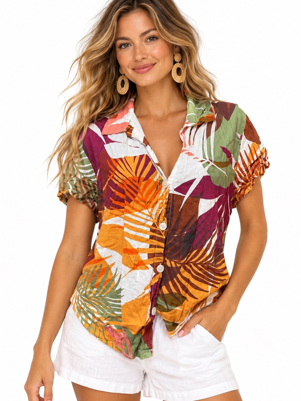 Vitamin A Tropical Leaf Button-Down Linen Blend Shirt in Multi